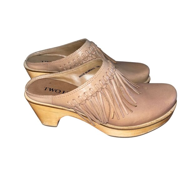 Two Lips Womens Clogs Size 7 Brown Sylvia Leather Fringed Chunky Heel Casual - Picture 11 of 12